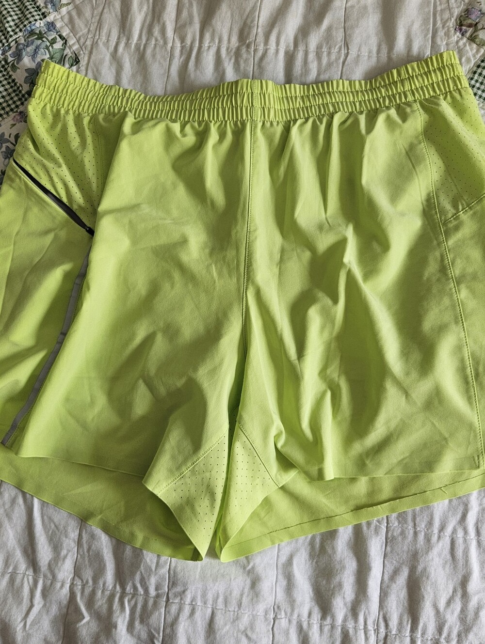 Mens Athletic Running Shorts Spandex Neon Yellow Green Drawstring Zip Pocket Lg